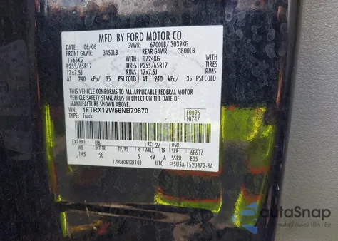 2006 Ford F-150 Stx/Xl/Xlt z USA, uszkodzony, nr VIN 1FTRX12W56NB79870